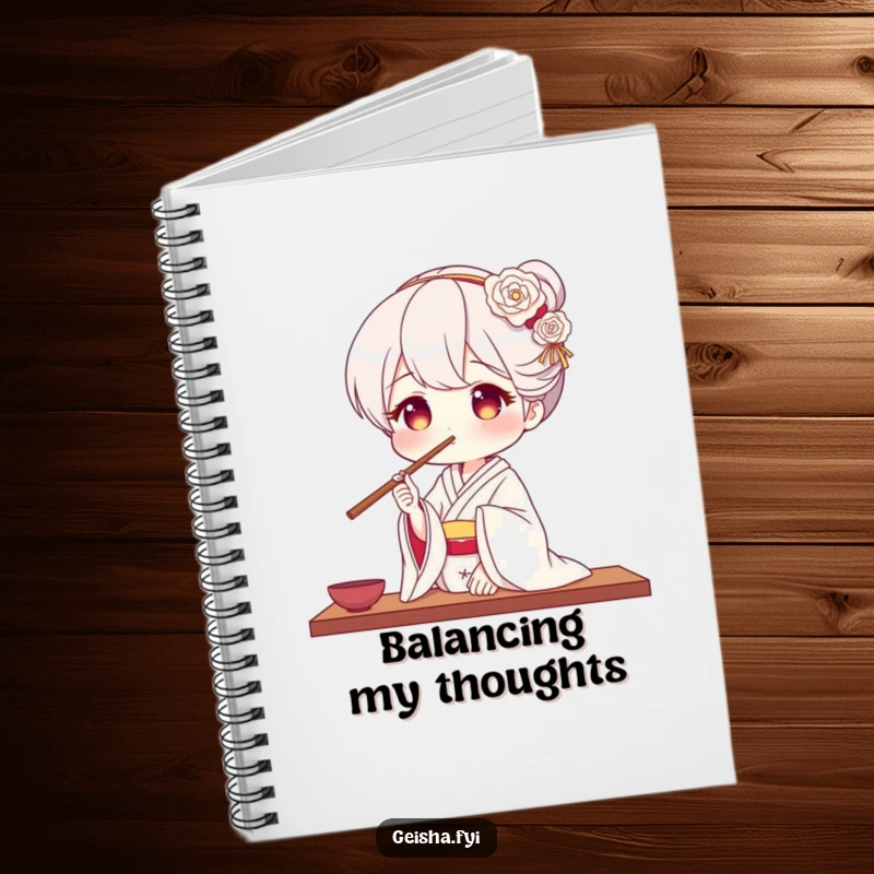 Funny geisha notebook featuring a geisha balancing chopsticks on her nose, ideal for jotting down notes and creative ideas.