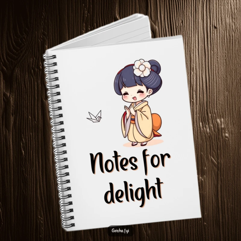 Funny Geisha clapping delightedly at a tiny paper crane, humorous notebook for writing.