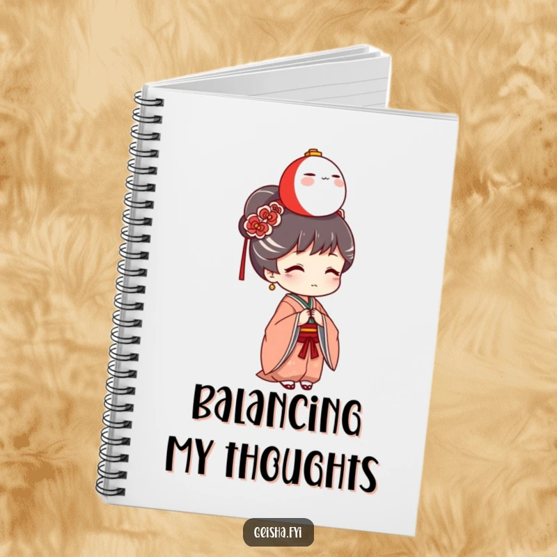 Funny Geisha Notebook: A playful geisha character humorously balances a tiny Daruma doll on her head, ready to capture your thoughts.
