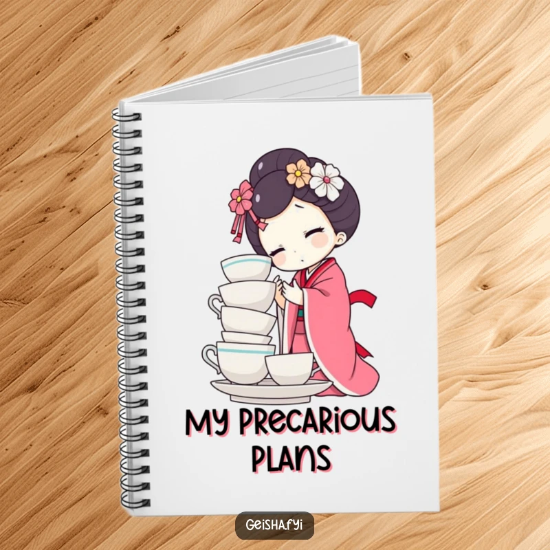 Funny geisha doll notebook cover featuring character trying to balance a teacup stack. Perfect for journaling funny ideas.