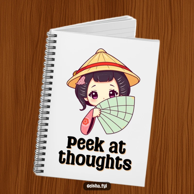 Funny Geisha Fan Notebook: A notebook cover showing a geisha character in a traditional hat peeking from behind a fan.