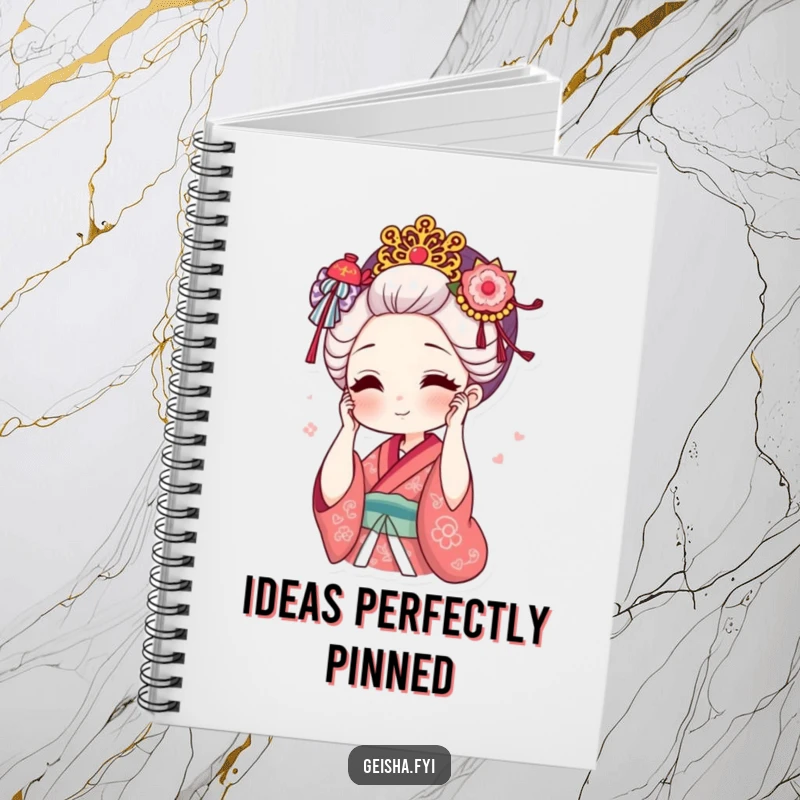 Funny geisha adjusting ornate hair accessory with a smile notebook cover, stylish design, practical humor, perfect funny gift.