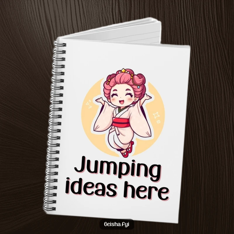 Funny Geisha Jump Notebook: a character making a cheerful jump with a flourish, ideal for jotting down energetic thoughts.
