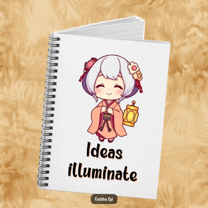 Funny Geisha offering a small glowing lantern with a warm smile, humorous notebook.