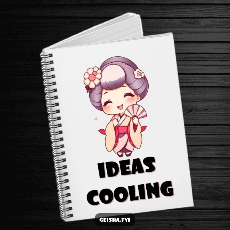 Funny notebook cover featuring a cute geisha with a wide smile, playfully fanning herself, inspiring creativity.