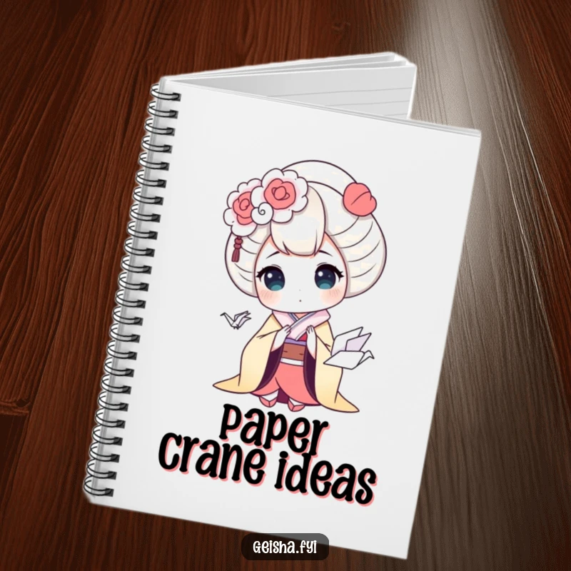 Funny geisha notebook with a geisha character displaying funny surprise over a small, cute origami crane, ideal for notes and sketches.