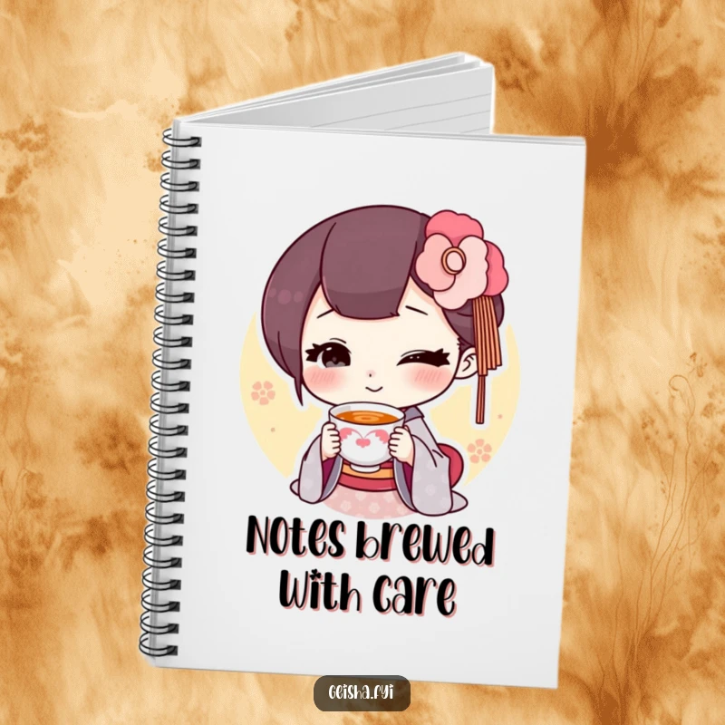 Funny geisha offering a tiny smiling teacup notebook cover, charming design, practical humor, perfect funny gift.