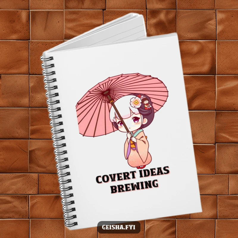 Funny Geisha peeking from behind an umbrella, humorous notebook for writing and drawing.