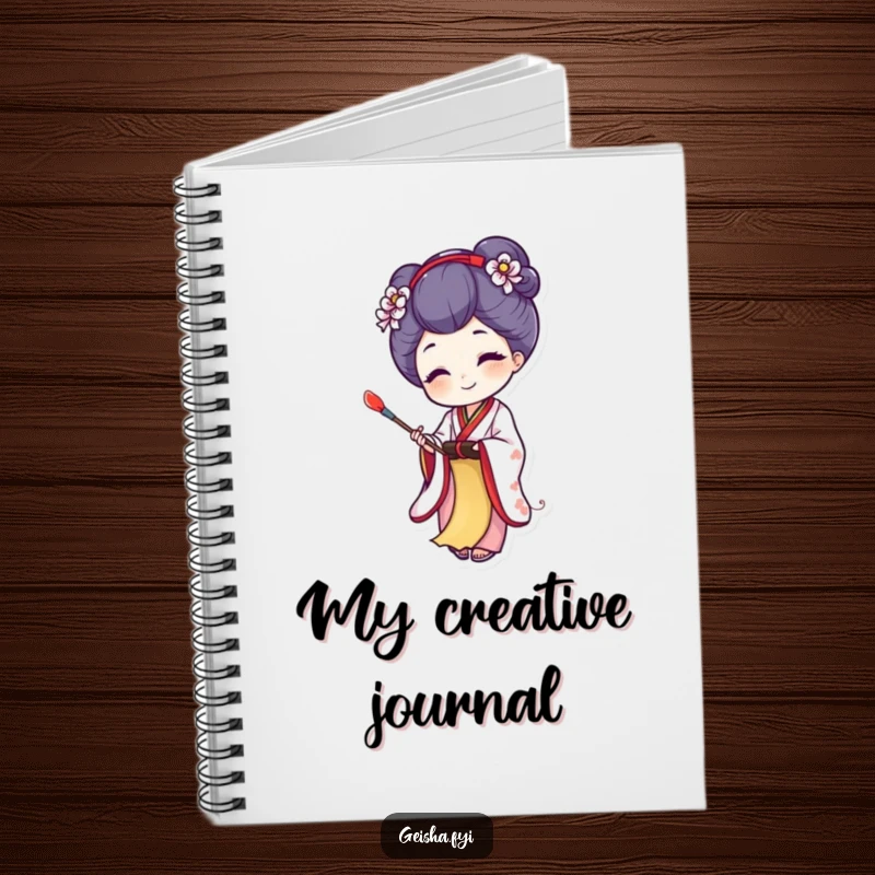 Funny notebook with a joyful geisha character painting on a tiny scroll, ideal for notes and as a humorous stationery gift.