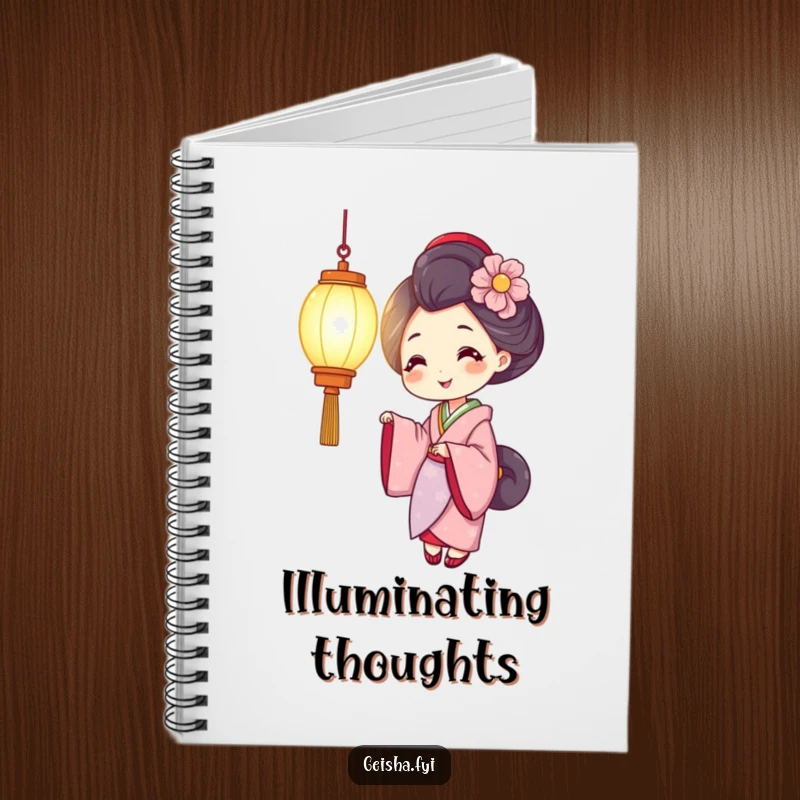 Funny geisha notebook showing a smiling woman holding a brightly glowing lantern, ideal for capturing ideas with warm light and cheer.
