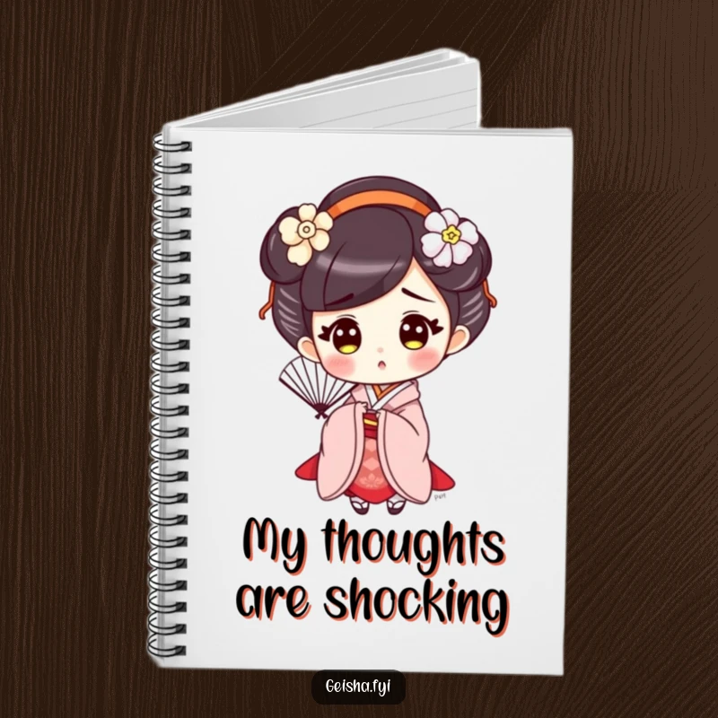 Funny Surprised Geisha Notebook, a cute character holding a fan with a surprised expression, ideal for elegant note-taking.