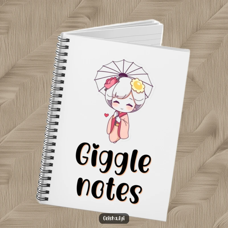 Funny Geisha Giggle Notebook: a character giggling behind an umbrella, ideal for jotting down sweet and playful thoughts.
