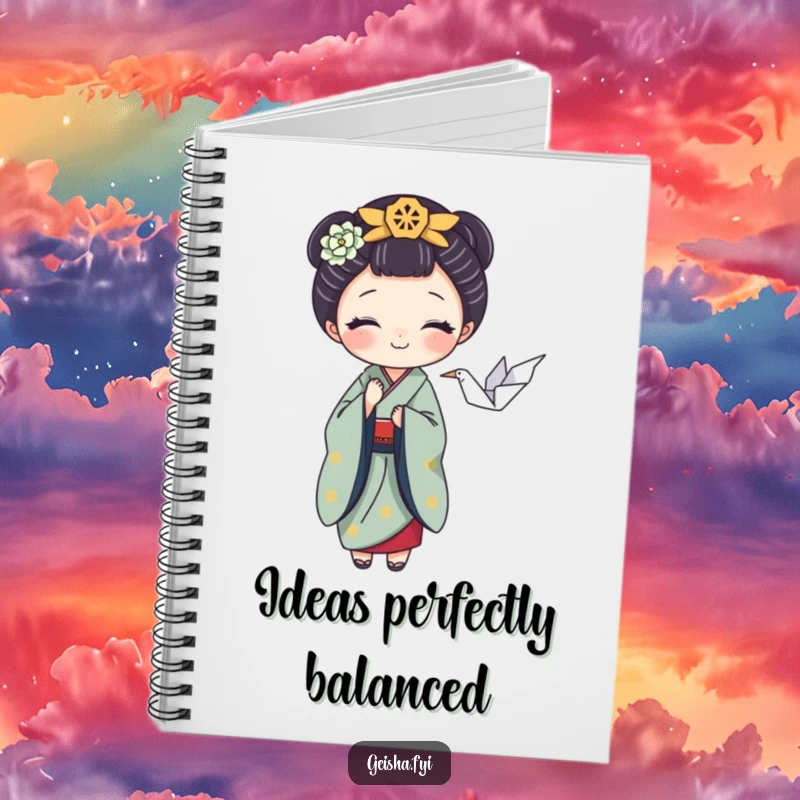 Funny notebook with a playful geisha character balancing a tiny origami crane, ideal for notes and as a humorous stationery gift.