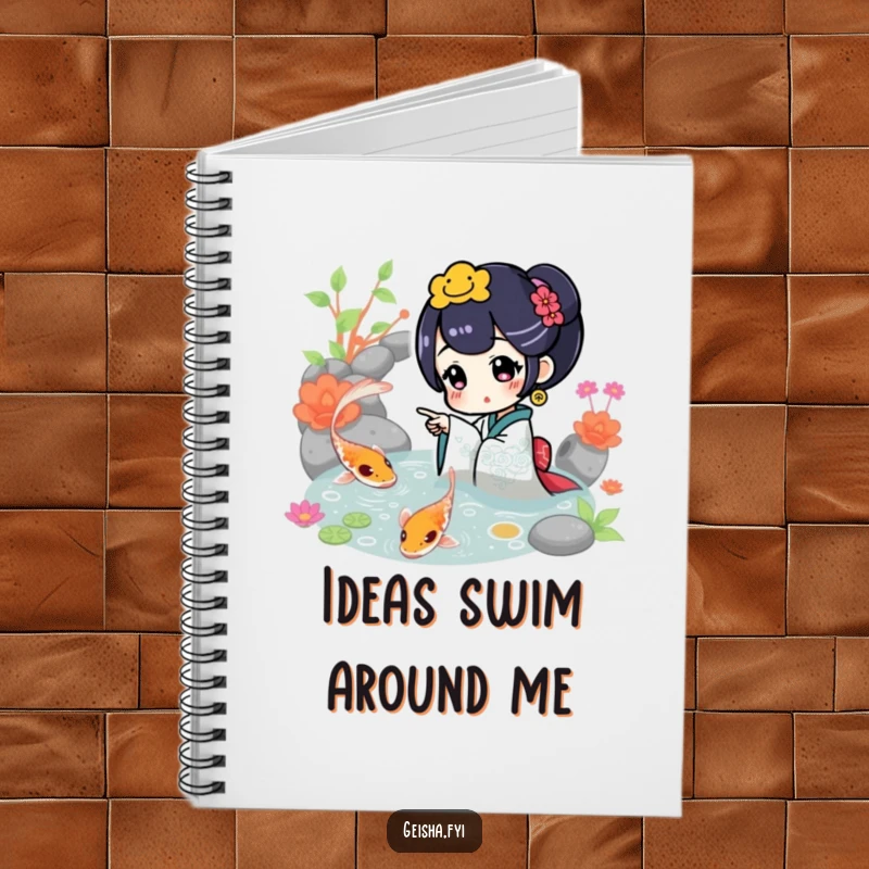 Funny Notebook: A geisha character excitedly points at a vibrant koi fish in a pond, inspiring notes with serene beauty.