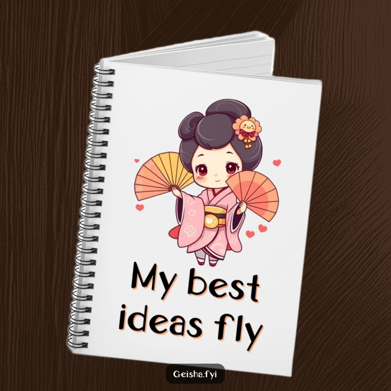 Funny Geisha Notebook: Cute character with rosy cheeks joyfully throws a colorful fan, a whimsical and humorous journal.