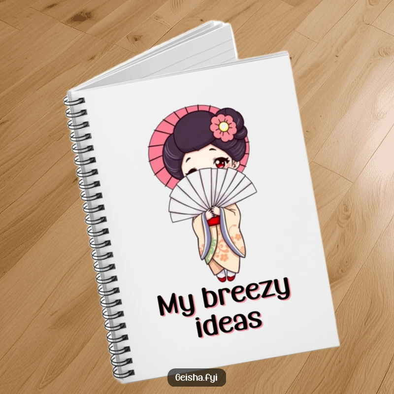 Funny geisha notebook, elegant design with a woman holding a giant, funny fan, perfect for notes and a humorous gift.