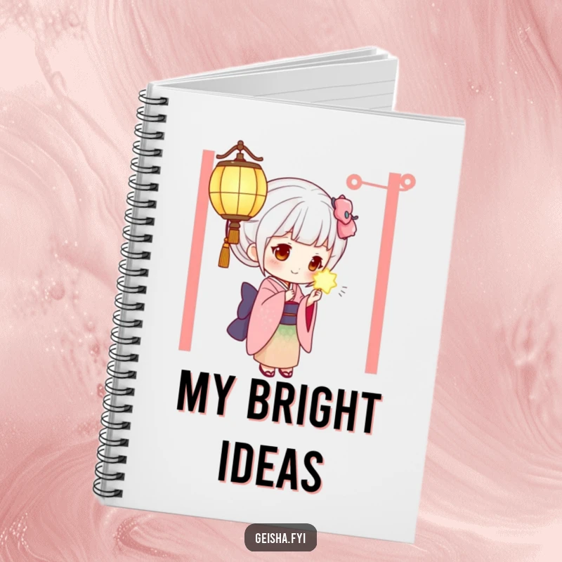 Funny geisha notebook with a curious geisha examining a glowing lantern, ideal for capturing humorous thoughts and ideas.