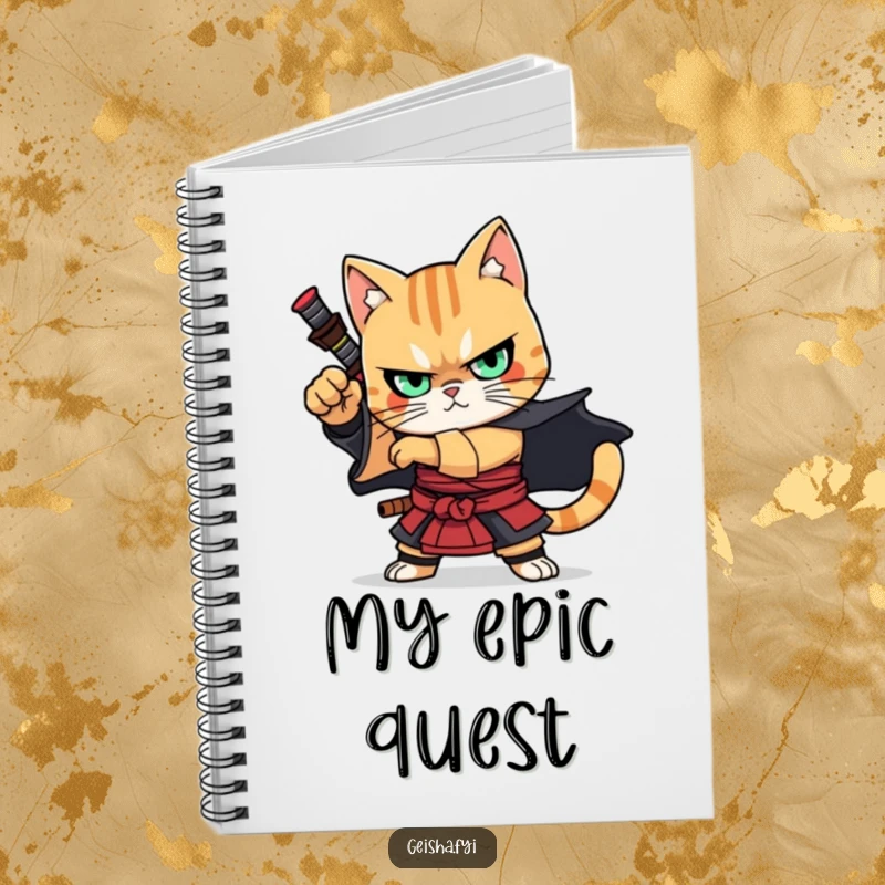 Funny Notebook: A cover featuring a determined cat samurai in a dramatic pose, perfect for jotting down plans and warrior-inspired ideas.