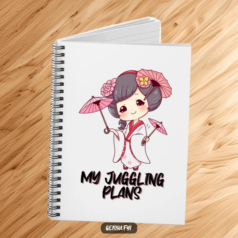 Funny geisha notebook, a geisha with a mischievous smile juggles three small umbrellas, inspiring creativity and humor.