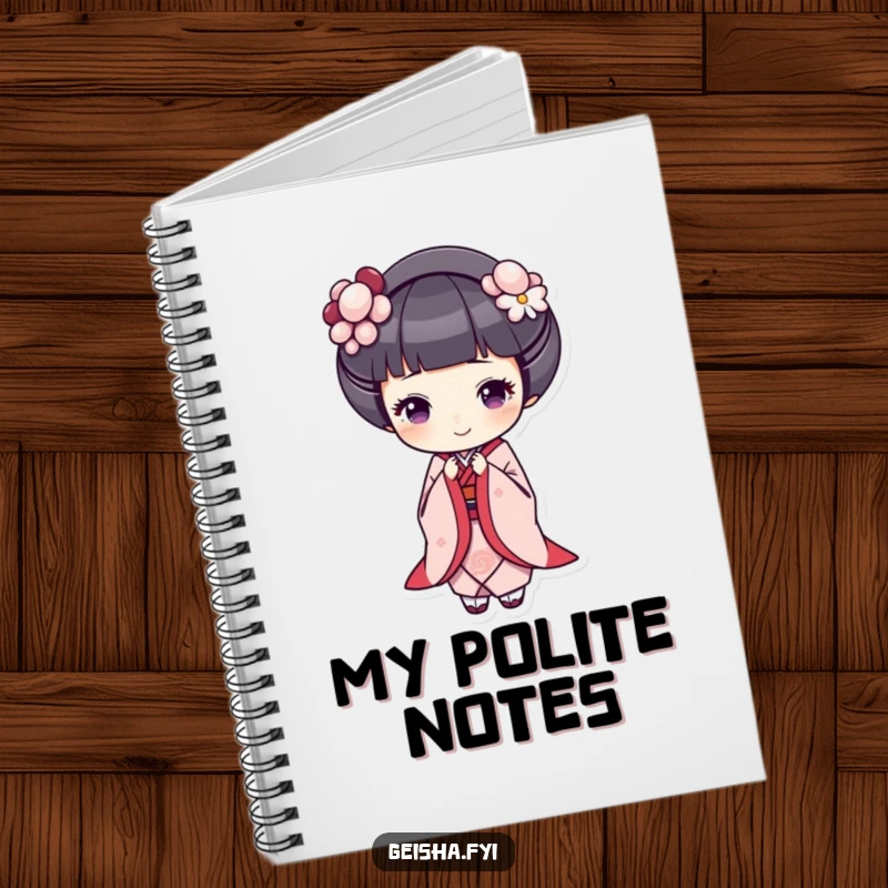 Funny geisha notebook, a geisha bows gracefully with a cheerful expression, perfect for journaling with elegance.