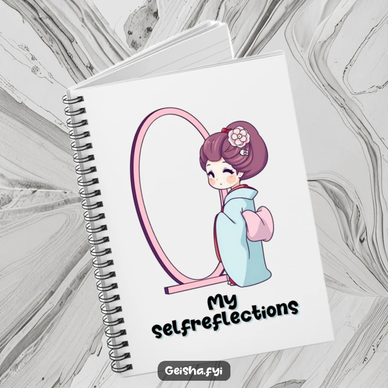 Funny geisha notebook, a geisha happily admires her reflection in a mirror, inspiring self-confidence and humor.