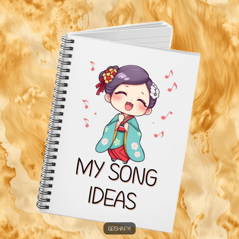 Funny Geisha Notebook: A notebook featuring a geisha singing with delight and musical notes, ideal for capturing your creative flow.