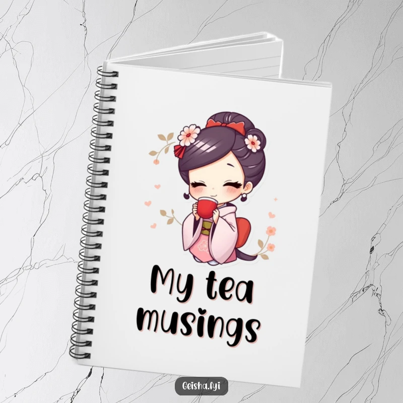 Funny notebook with a smiling geisha character elegantly sipping tea, ideal for notes and journaling.