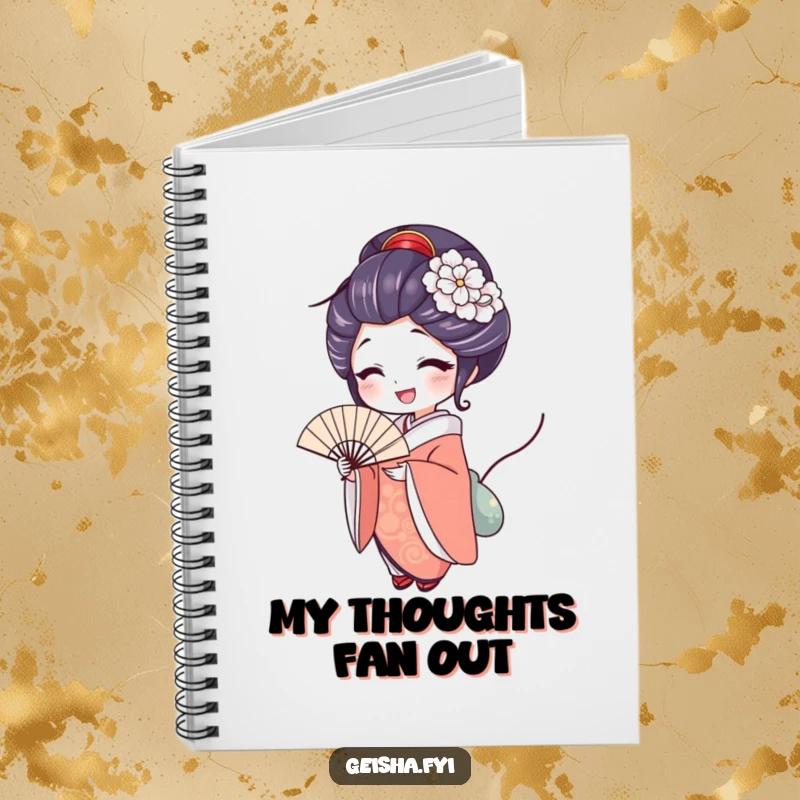 Funny geisha notebook showing a woman with a delighted expression holding an elegant fan, ideal for capturing ideas with graceful joy.