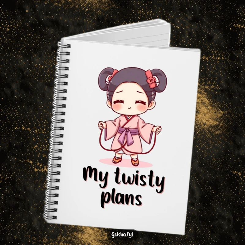 Funny geisha obi notebook cover featuring a mischievous obi character as a jump rope. Ideal for journaling playful ideas.