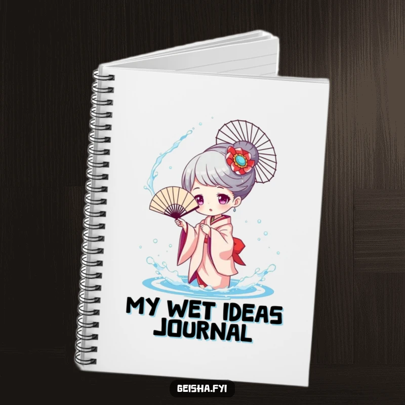 Funny Geisha Splashing Notebook, a character playfully tossing water with a fan, ideal for keeping playful notes.