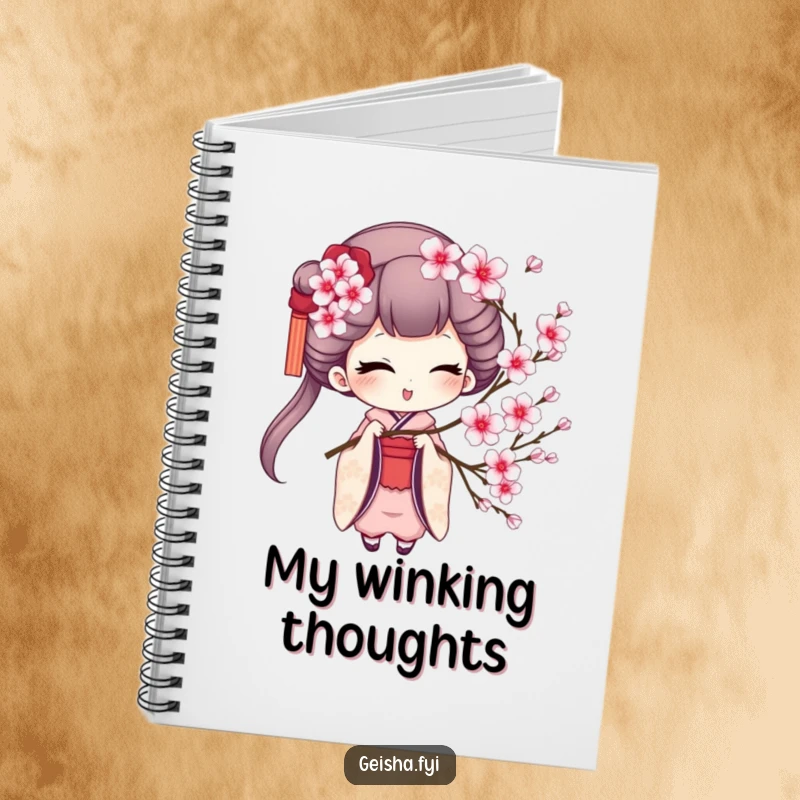 Funny geisha notebook featuring a charming geisha winking while holding a cherry blossom sprig, ideal for writing and capturing thoughts.