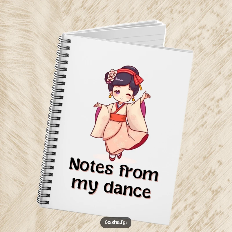 Funny Geisha Notebook: Cheerful character gracefully twirling, ideal for notes and creative ideas with a humorous twist.