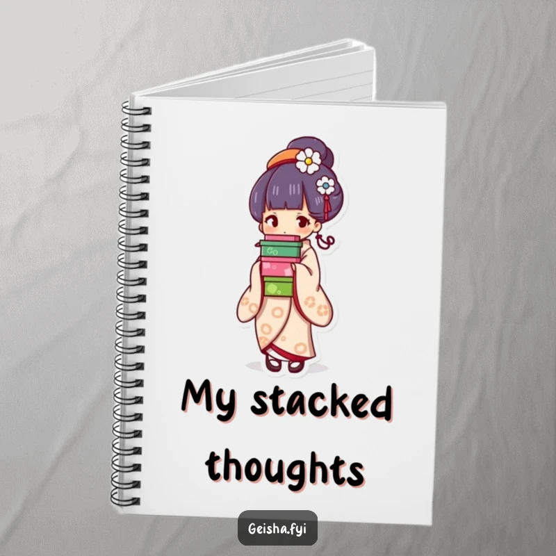 Funny geisha notebook, creative cover with a character balancing colorful boxes gracefully, great for notes and humorous gifts.