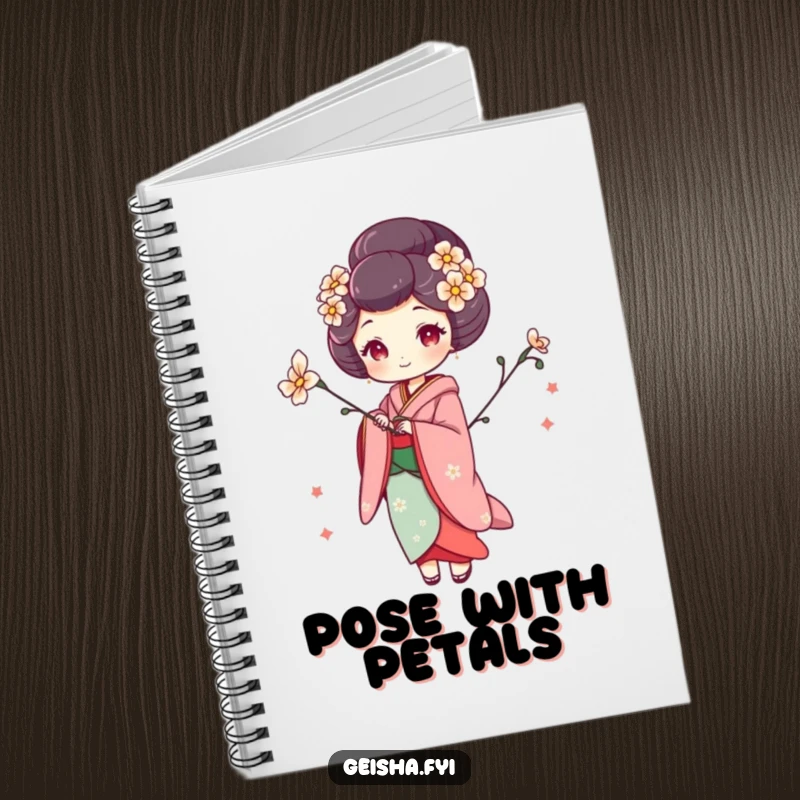 Funny geisha notebook showing a woman in a whimsical pose holding a flower, ideal for capturing creative thoughts with artistic elegance.