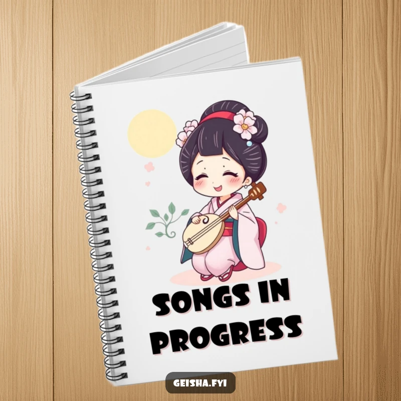 Funny geisha notebook showing a woman giggling while playing a tiny shamisen, perfect for capturing thoughts with musical humor.