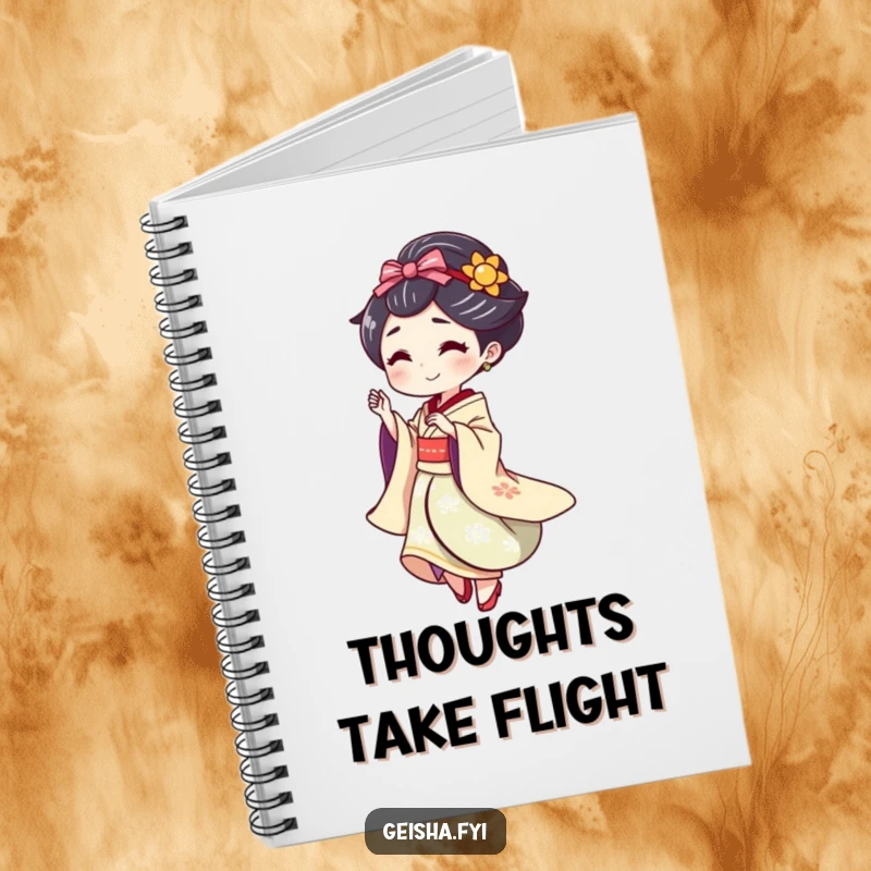 Funny Geisha doing a playful spin with a flourish, humorous notebook.