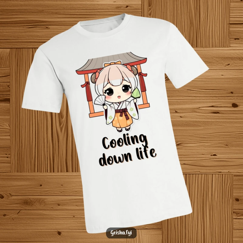 Funny kawaii character dressed in traditional Japanese attire, playfully tossing a fan, printed on a comfortable t-shirt.