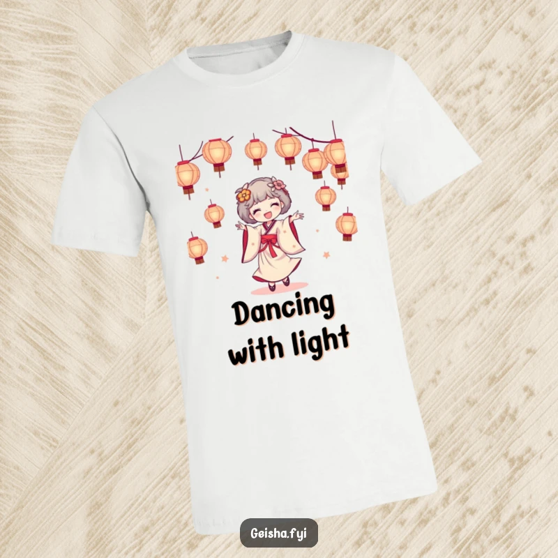 Funny geisha t-shirt depicting a geisha character in a joyful, energetic dance surrounded by a flowing cascade of illuminated paper lanterns.