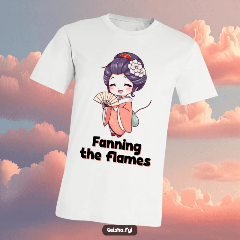 Funny geisha t-shirt featuring a woman with a delighted expression holding an elegant fan, celebrating joy and graceful style.