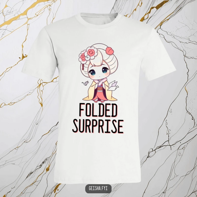 Funny geisha t-shirt showing a startled geisha character staring with wide eyes at a small, charming origami crane, a humorous wearable.