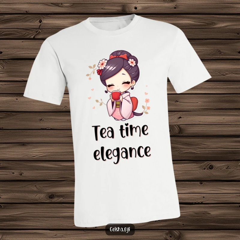 Funny t-shirt with a cute geisha character sporting a wide smile while delicately sipping tea from a traditional cup.