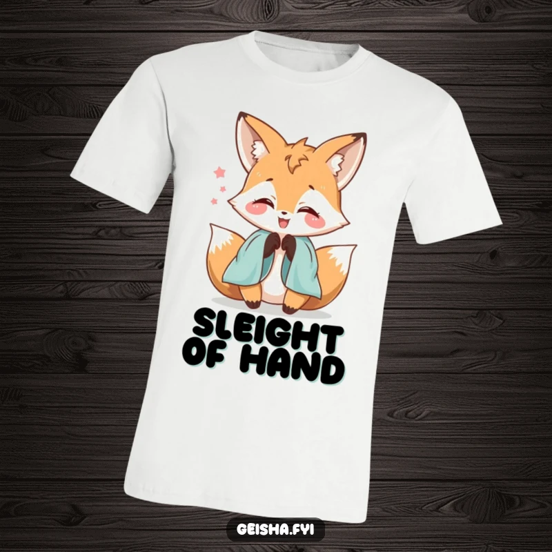 Funny delighted fox character t-shirt, playfully fumbling with silk sleeves with a happy expression, ideal for casual wear.