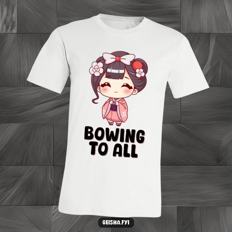 Funny Geisha T-Shirt: A happy character performs a delicate, smiling bow, conveying warmth and humorous politeness.