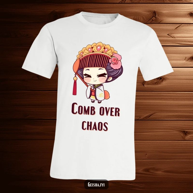 Funny Geisha T-Shirt: A geisha character with a mischievous smile tries on an oversized, ornate comb.