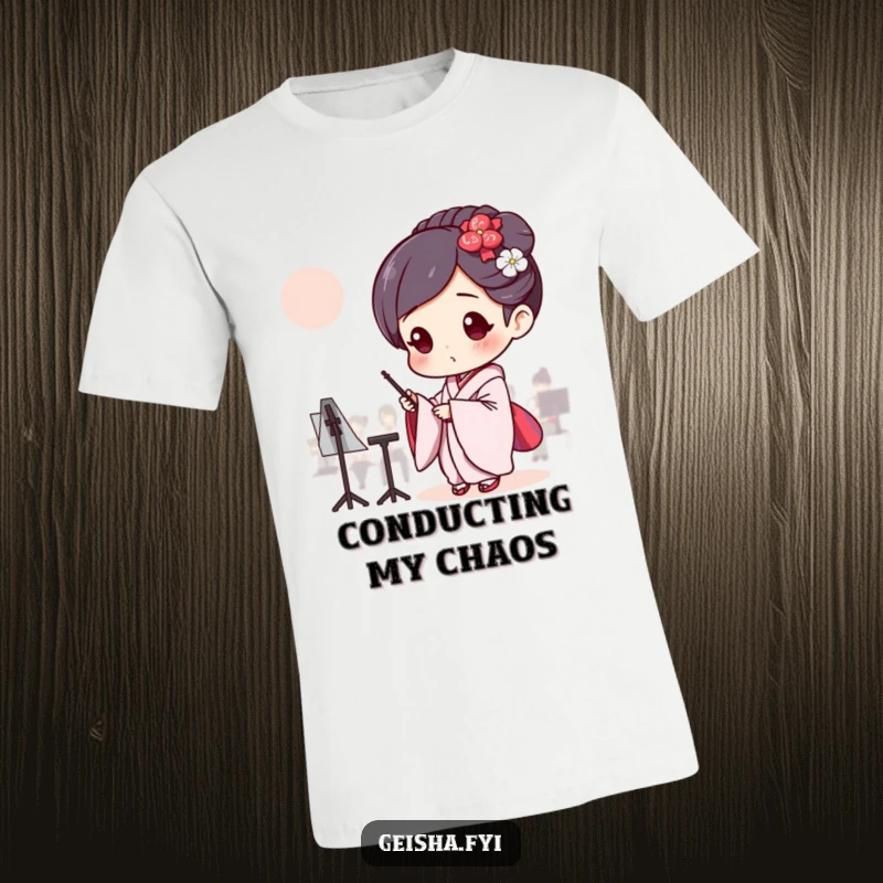 Funny Geisha conducting an invisible orchestra with focus, humorous and expressive T-shirt.