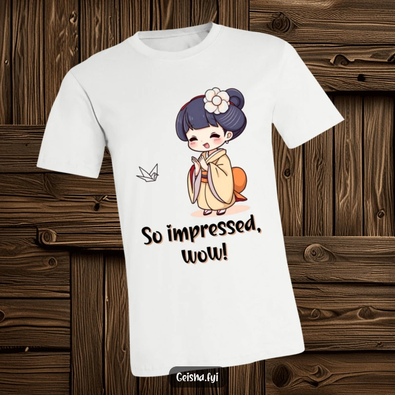 Funny Geisha clapping happily at a small paper crane, a humorous and expressive T-shirt.