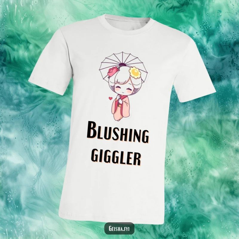 Funny Geisha Giggle T-Shirt: a charming character with a rosy blush, giggling behind an umbrella, conveying sweet shyness.
