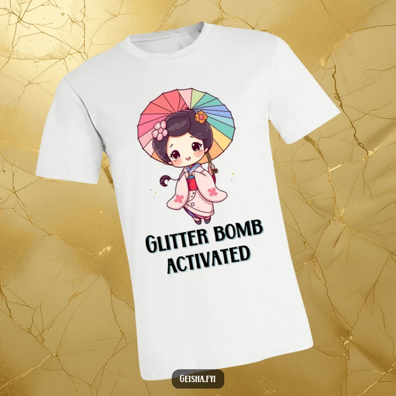 Funny Geisha T-Shirt: A joyful geisha character spins a colorful parasol, creating a magical glitter trail.