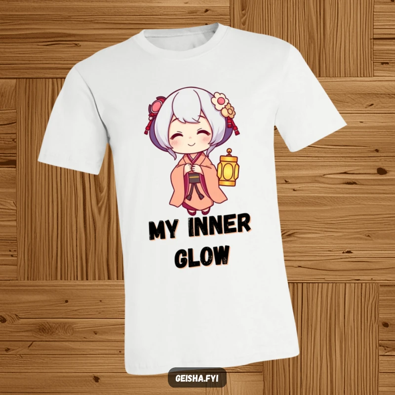 Funny Geisha holding a glowing lantern with a warm smile, humorous and hopeful T-shirt.
