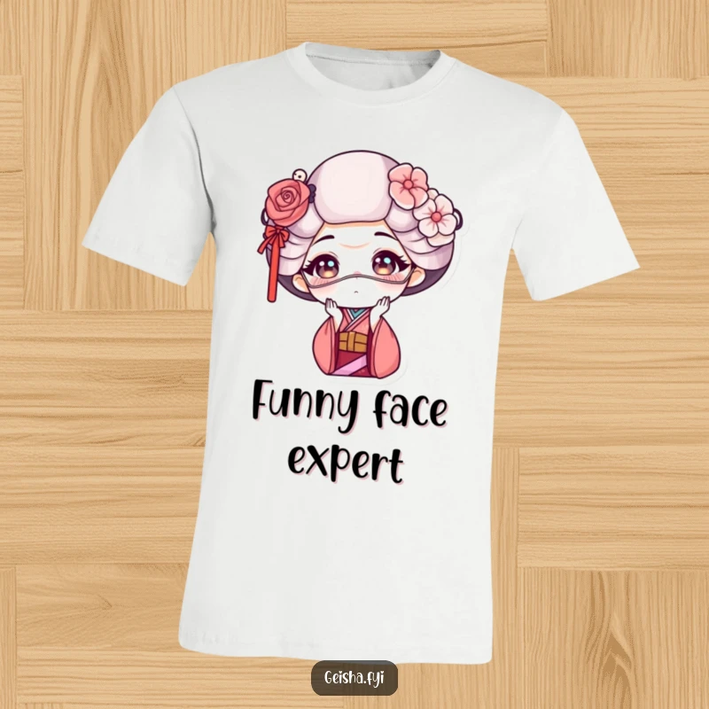 Funny geisha t-shirt featuring a geisha making a comical face while presenting a delicate mask, full of personality.